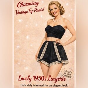 Vintage 1950s Henson Kickernick Black Lingerie Tap Pants with Beige Lace Trim, S